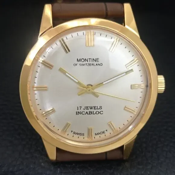 Vintage 1977 Montine Of SwitzerlandManual Mens Gold Watch W/Leather Strap